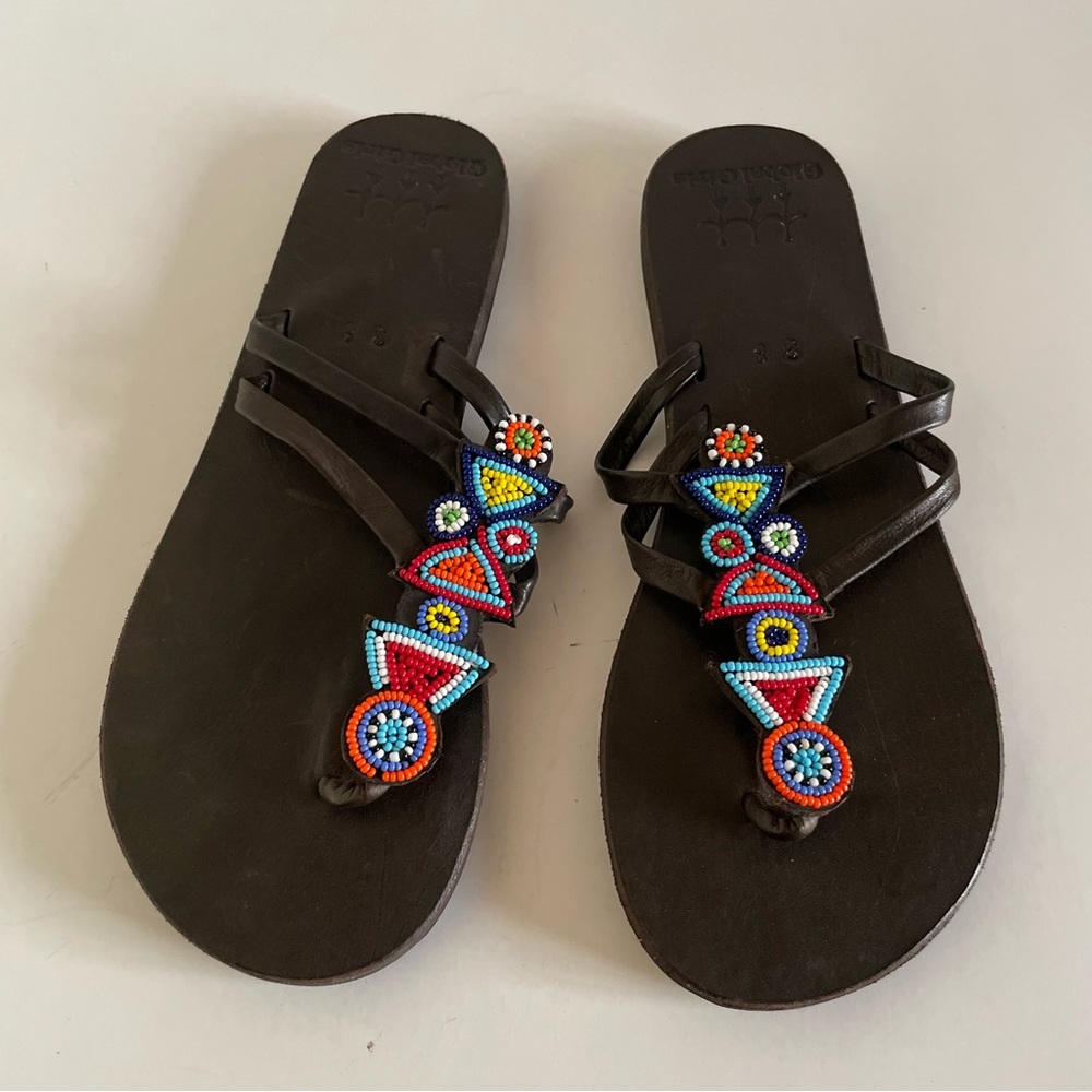 Global Girls Brown Leather Sandals With Beads Size 38